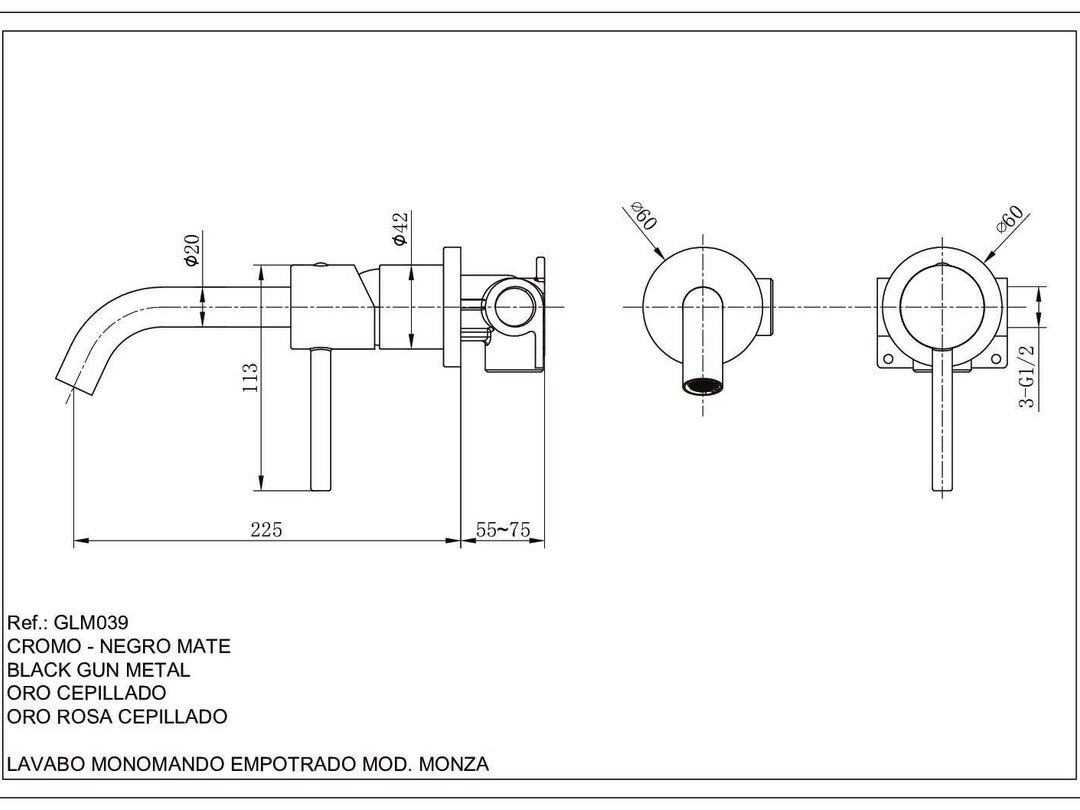 Ficha del grifo de lavabo IMEX serie Monza (referencia GLM039) con medidas