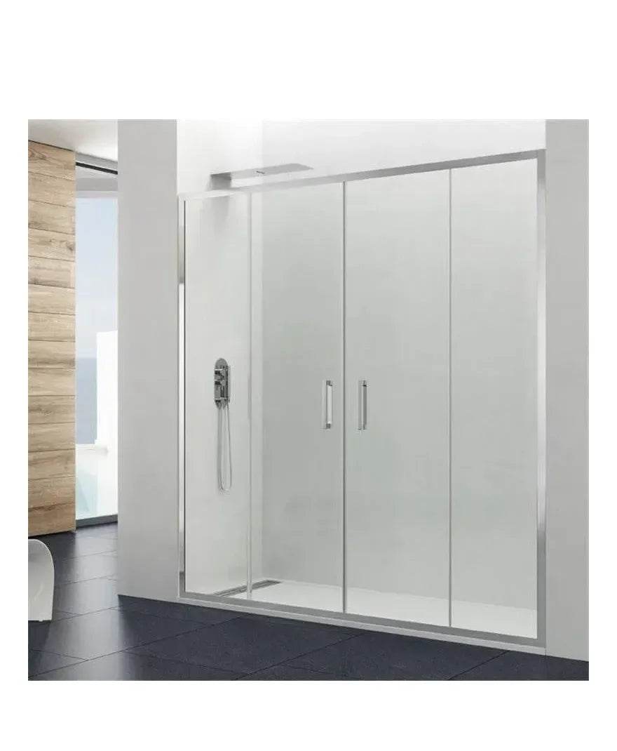 Mampara frontal de ducha con dos puertas correderas de vidrio templado y perfil de aluminio de GME