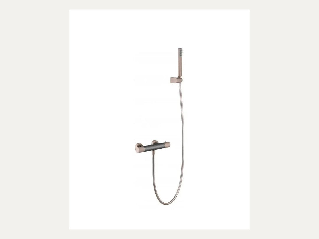 Grifo de ducha termostático IMEX serie Line en acabado gris mate y champagne