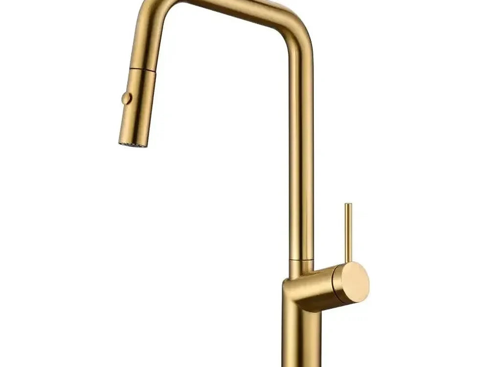 Grifo de cocina monomando extraíble con doble jet serie Bonn de IMEX en oro cepillado