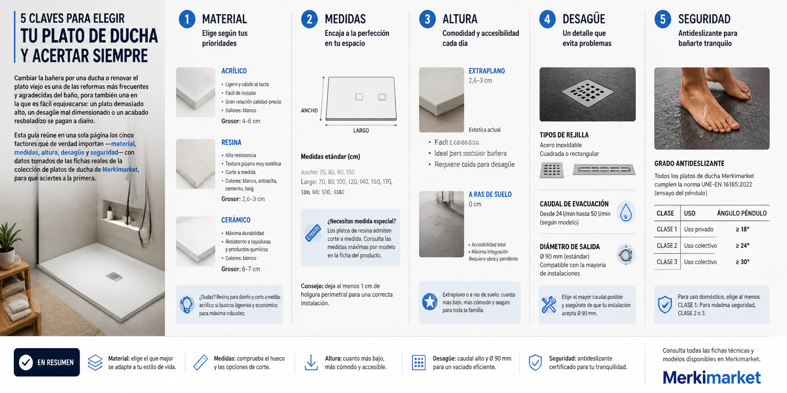 Platos de ducha: guía para elegir material, medidas y desagüe