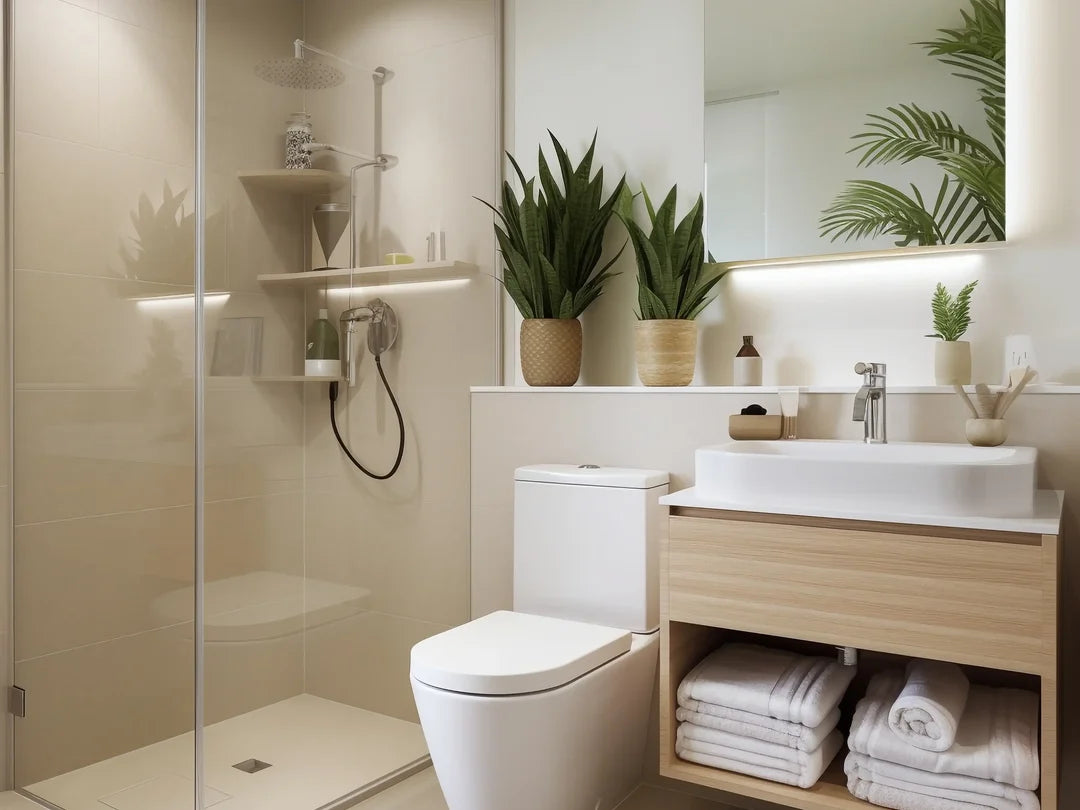 Baño moderno con ducha, mampara de vidrio y grifería IMEX