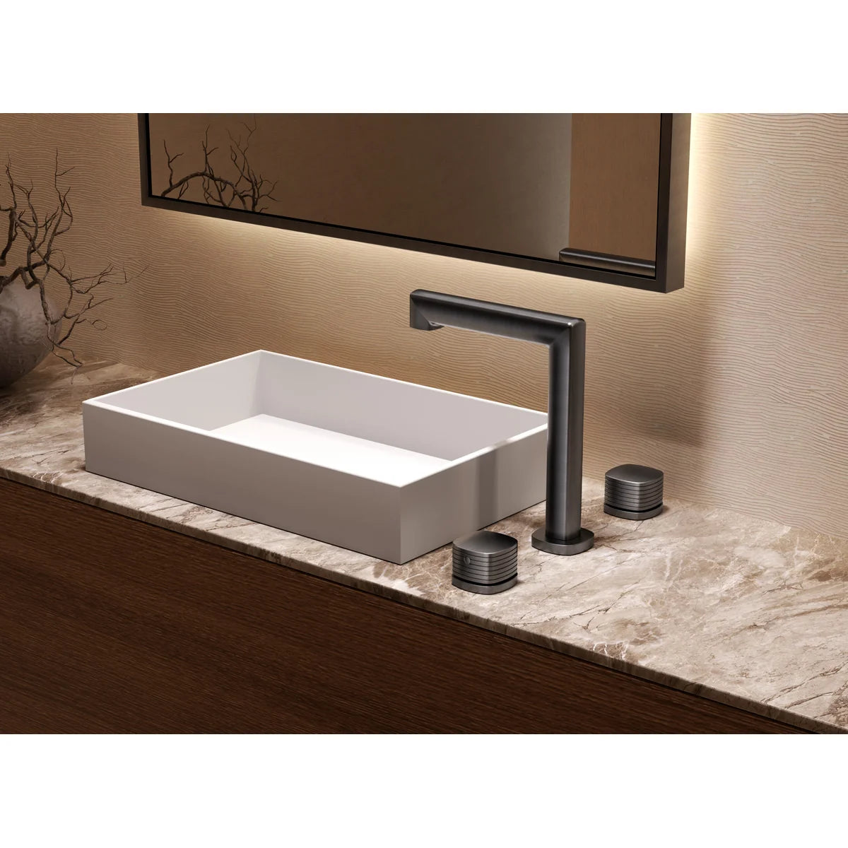 Lavabo Bimando Sobrencimera Caño Bajo Firenze Imex Oro rosa cepillado en ambiente