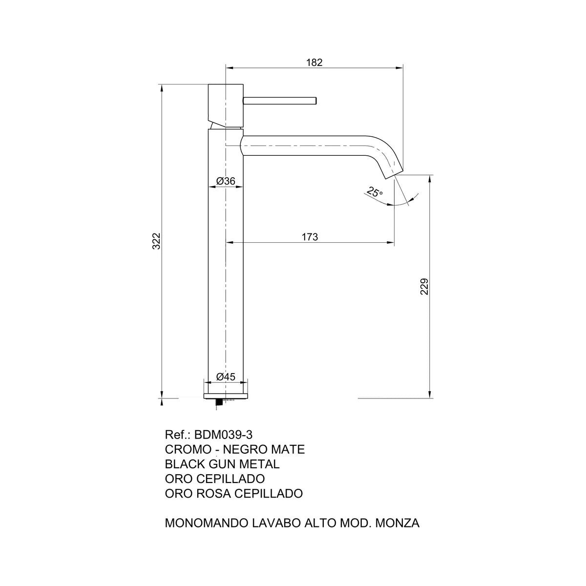 Monomando lavabo alto Monza níquel cepillado Imex - croquis_p0 - Imex