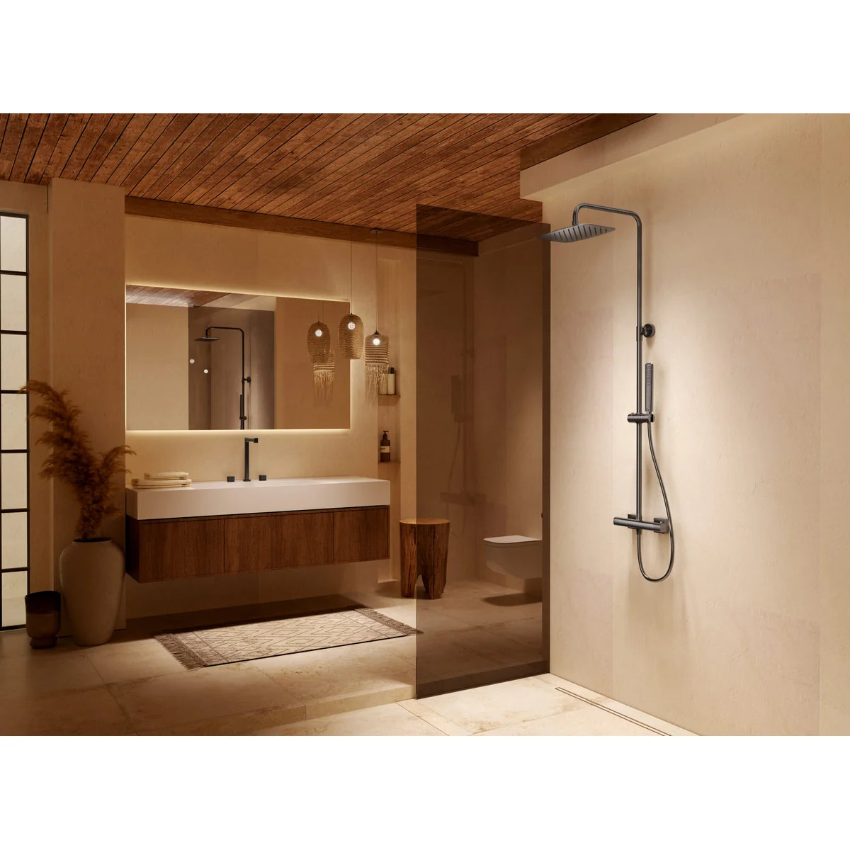 Conjunto Ducha Termostático Firenze Imex Oro rosa cepillado en ambiente