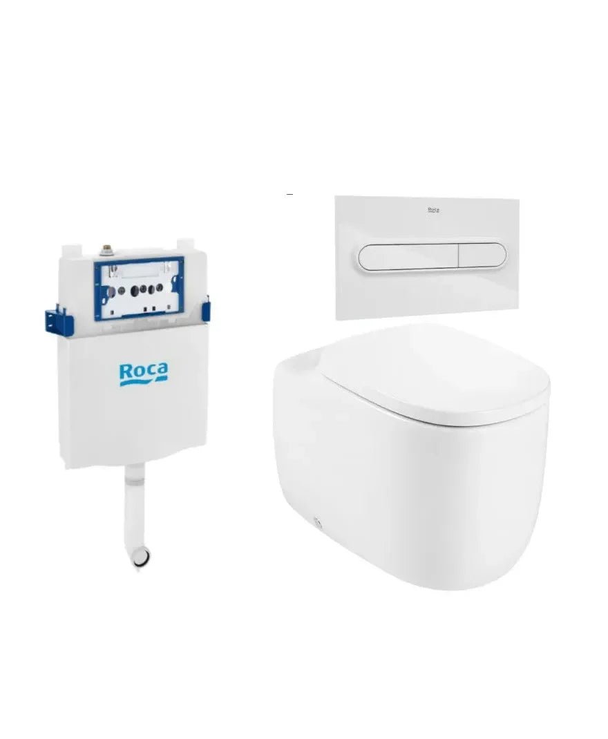 ROCA BEYOND Pack de WC suspendu Rimless 58 cm de profondeur, sortie duale, siège amorti, réservoir et plaque de commande