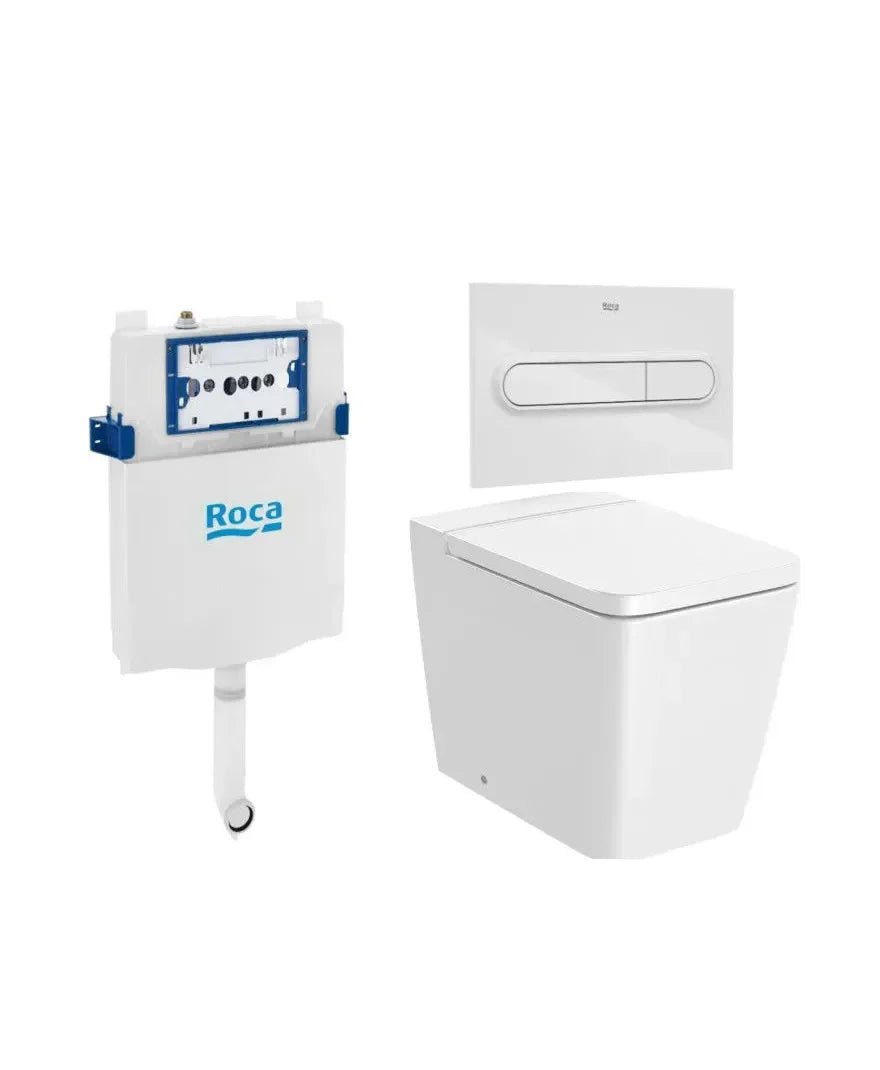 ROCA SQUARE Pack toilette suspendue Rimless, sortie double, abattant amorti, plaque de commande et réservoir