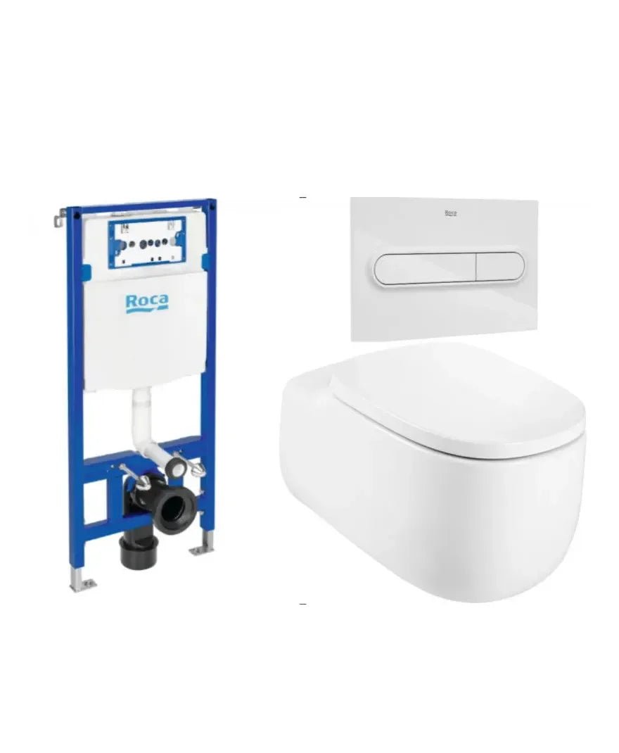 ROCA BEYOND Pack WC suspendu Rimless 58 cm de profondeur, sortie horizontale, abattant avec système de fermeture douce, plaque de chasse et réservoir