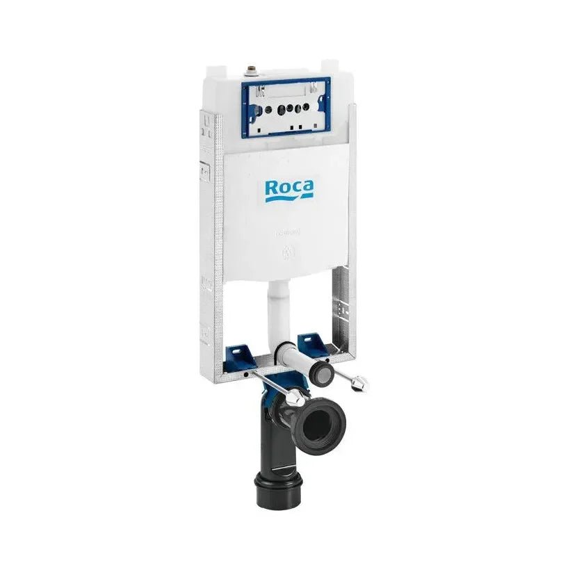 ROCA BEYOND Pack WC suspendu Rimless 58 cm de profondeur, abattant avec système de fermeture amortie, réservoir, plaque de commande, sortie horizontale