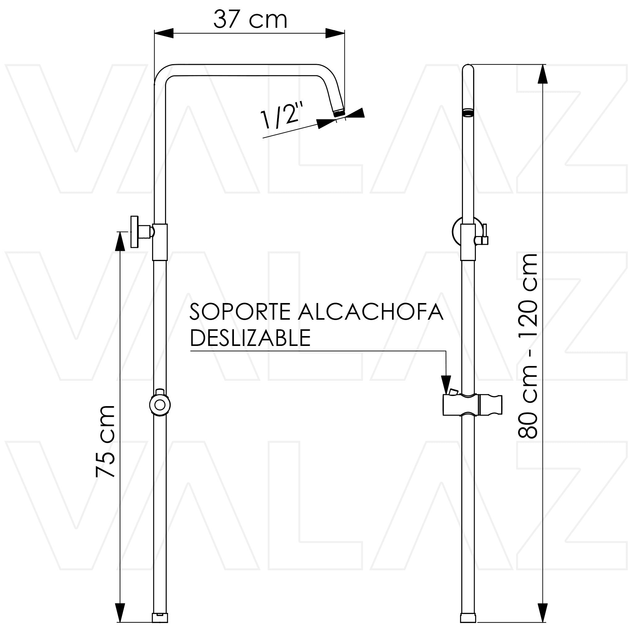 Barra de ducha redonda ajustable 80 a 120 cm negro mate acero inoxidable diseño moderno de Valaz