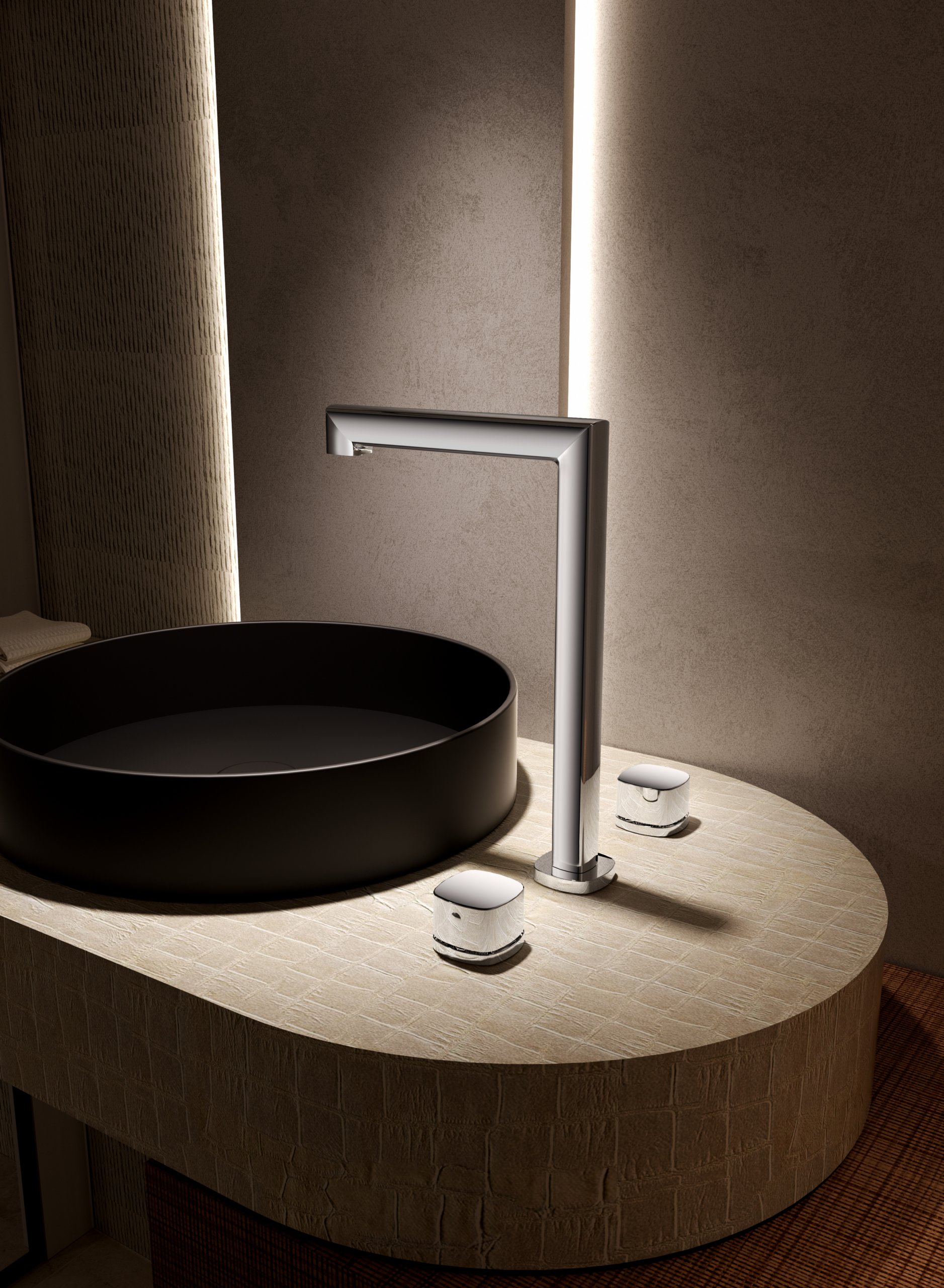 Lavabo Bimando Sobrencimera Caño Alto Toscana Imex Oro rosa cepillado en ambiente