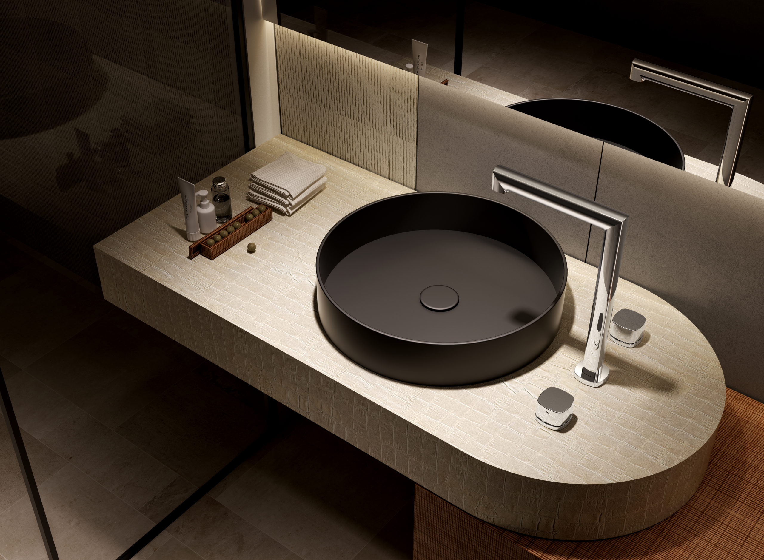 Lavabo Bimando Sobrencimera Caño Alto Toscana Imex Oro rosa cepillado en ambiente