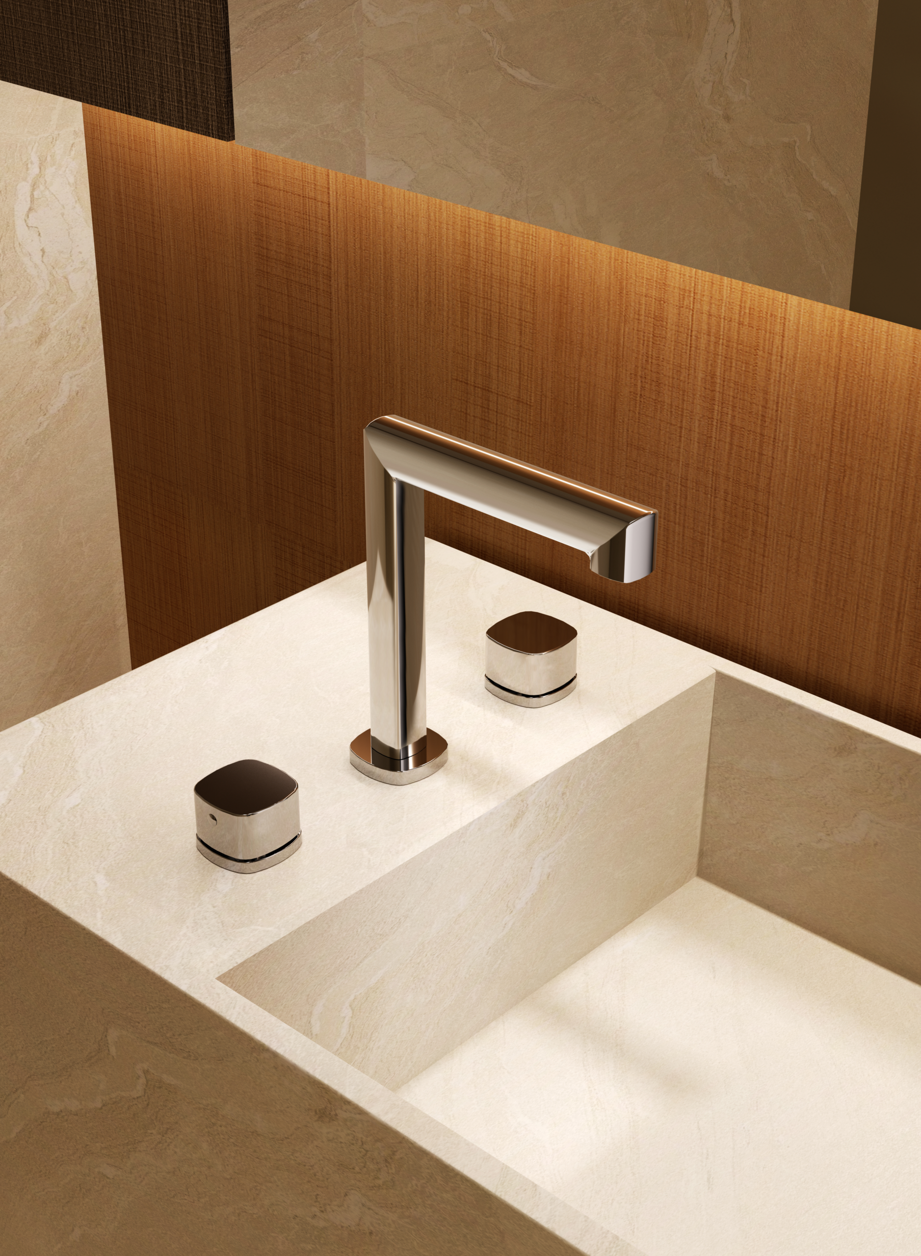 Lavabo Bimando Sobrencimera Caño Bajo Toscana Imex Oro rosa cepillado en ambiente