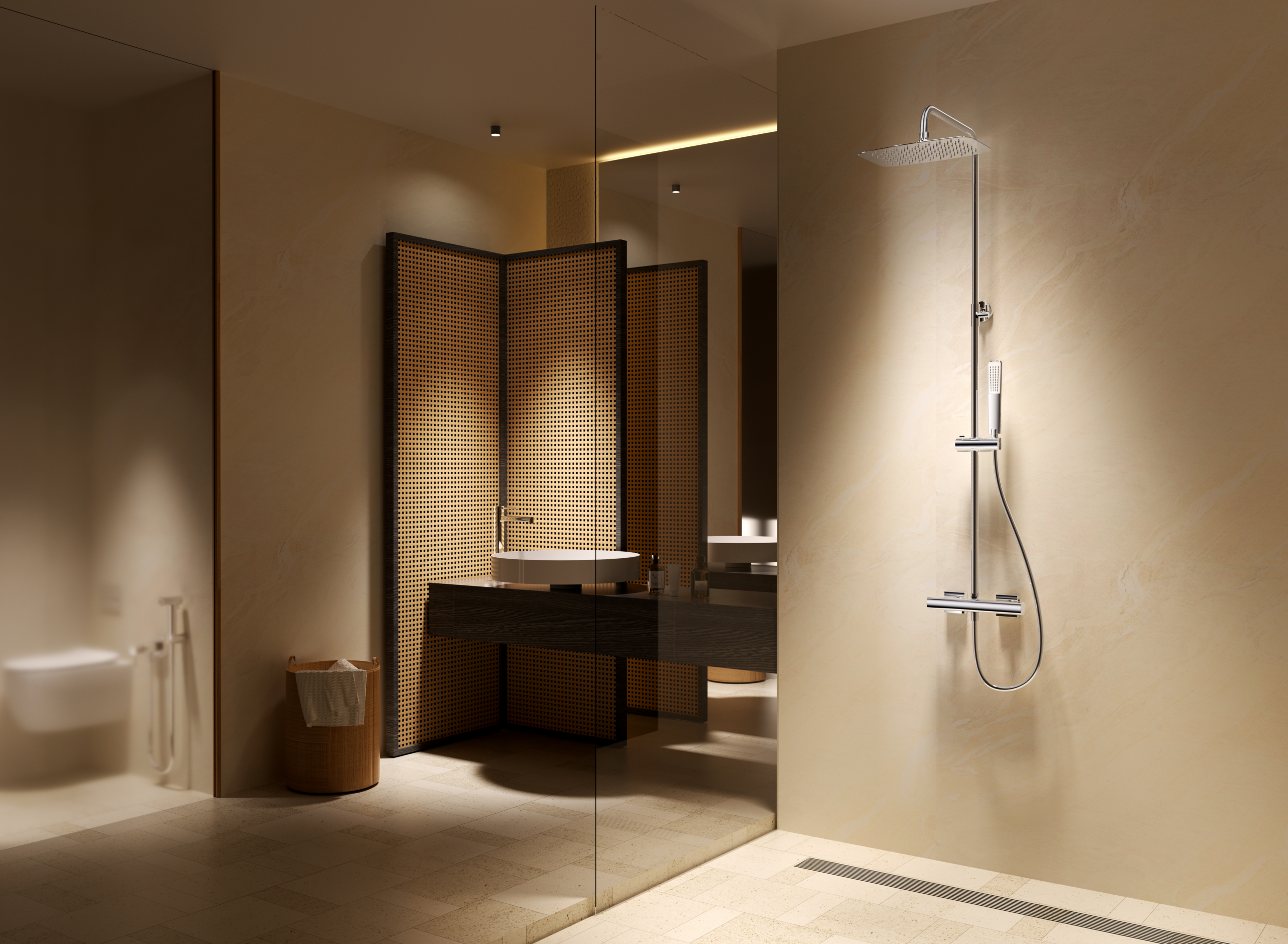 Conjunto Ducha Termostático Toscana Imex Oro rosa cepillado en ambiente