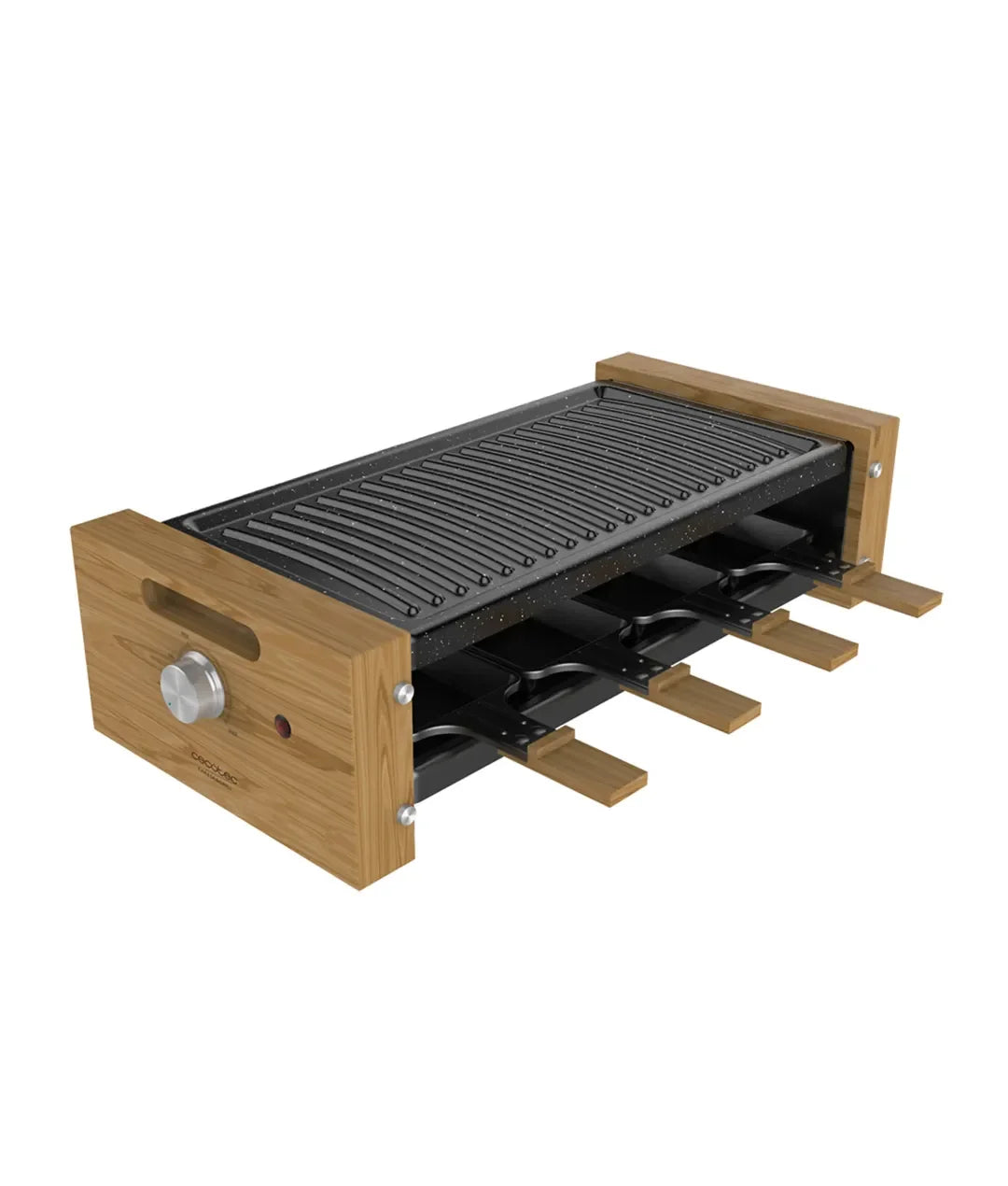 cecotec_03090_raclette_de_madera_1200w:_grill_con_8_sartenes_y_termostato_regulable_0