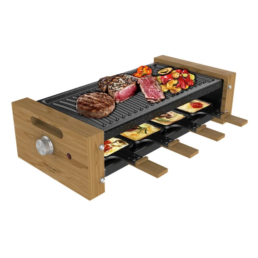 cecotec_03090_raclette_de_madera_1200w:_grill_con_8_sartenes_y_termostato_regulable_1