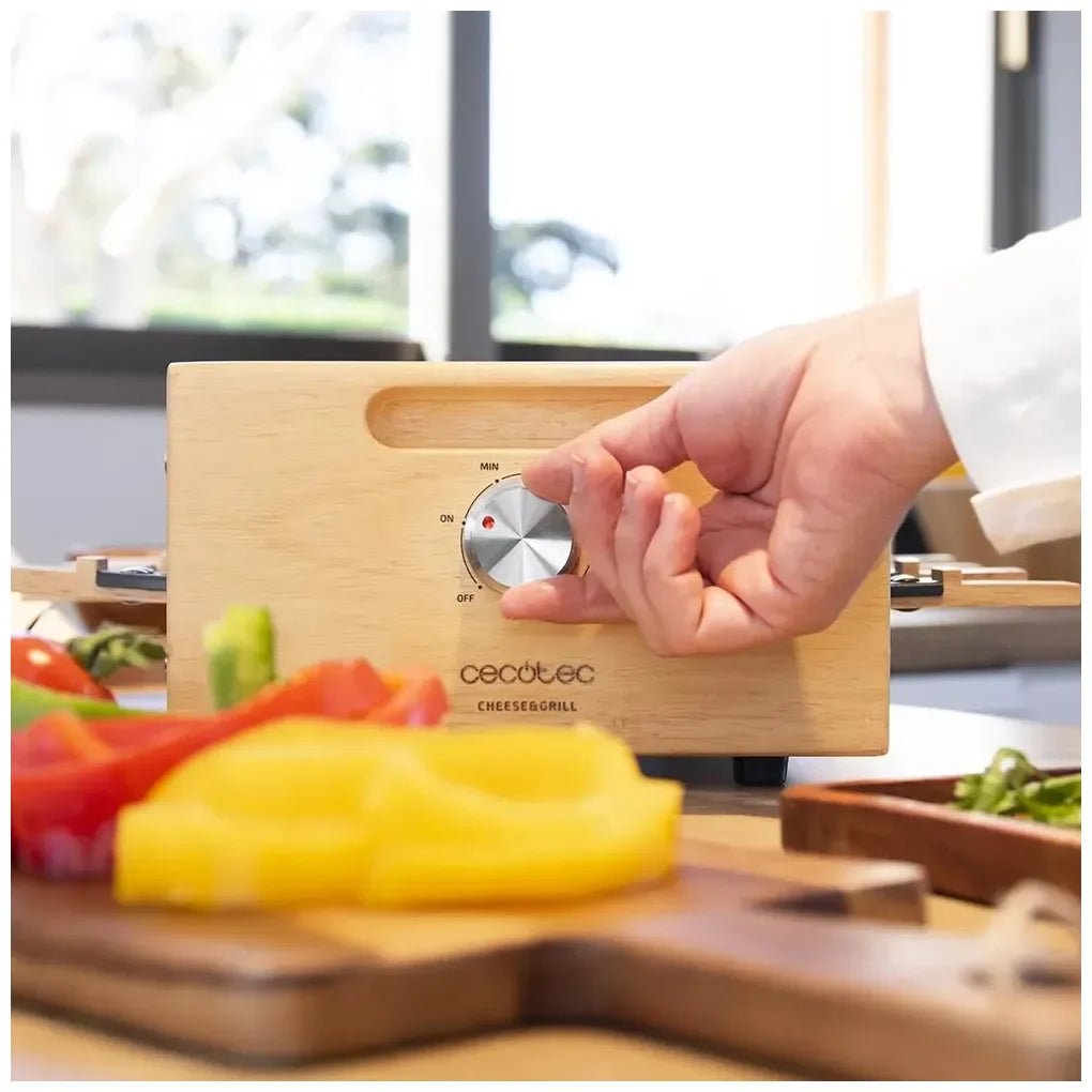 cecotec_03090_raclette_de_madera_1200w:_grill_con_8_sartenes_y_termostato_regulable_3