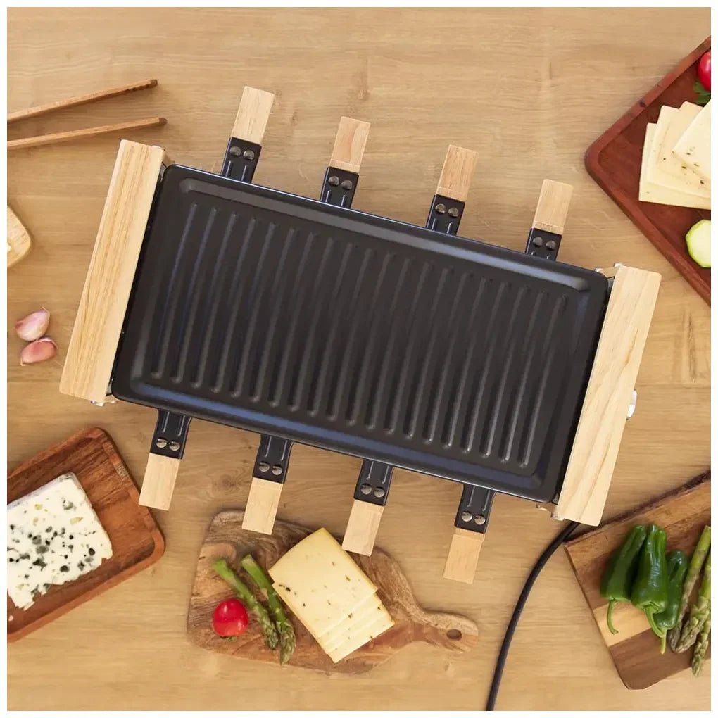 cecotec_03090_raclette_de_madera_1200w:_grill_con_8_sartenes_y_termostato_regulable_4