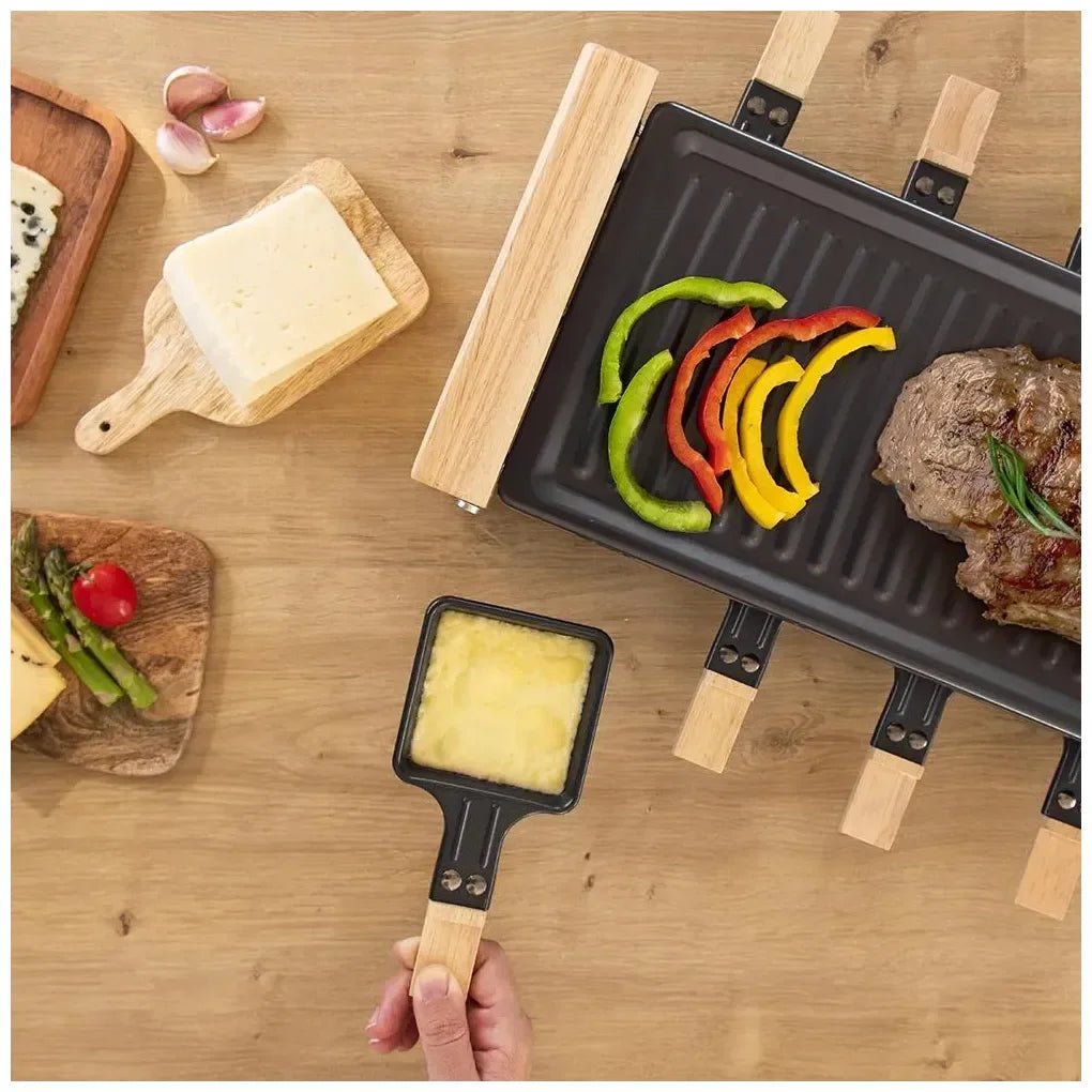 cecotec_03090_raclette_de_madera_1200w:_grill_con_8_sartenes_y_termostato_regulable_5