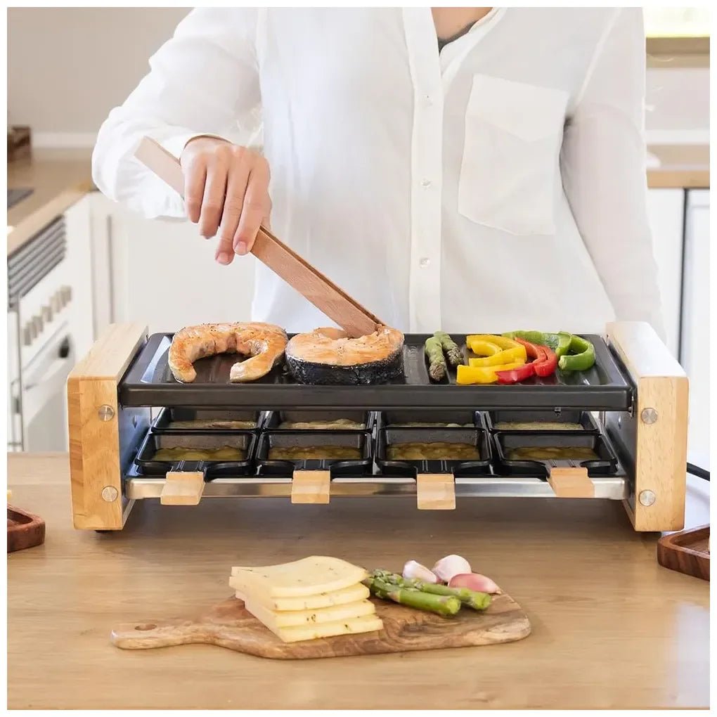 cecotec_03090_raclette_de_madera_1200w:_grill_con_8_sartenes_y_termostato_regulable_6