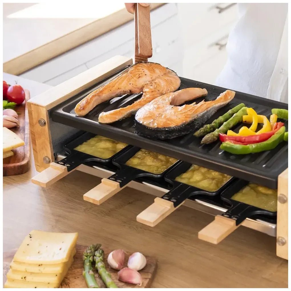 cecotec_03090_raclette_de_madera_1200w:_grill_con_8_sartenes_y_termostato_regulable_7