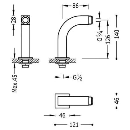 Codo adaptador para baño y ducha para repisa con forma cuadrada silenciador de latón cromado Tres 1