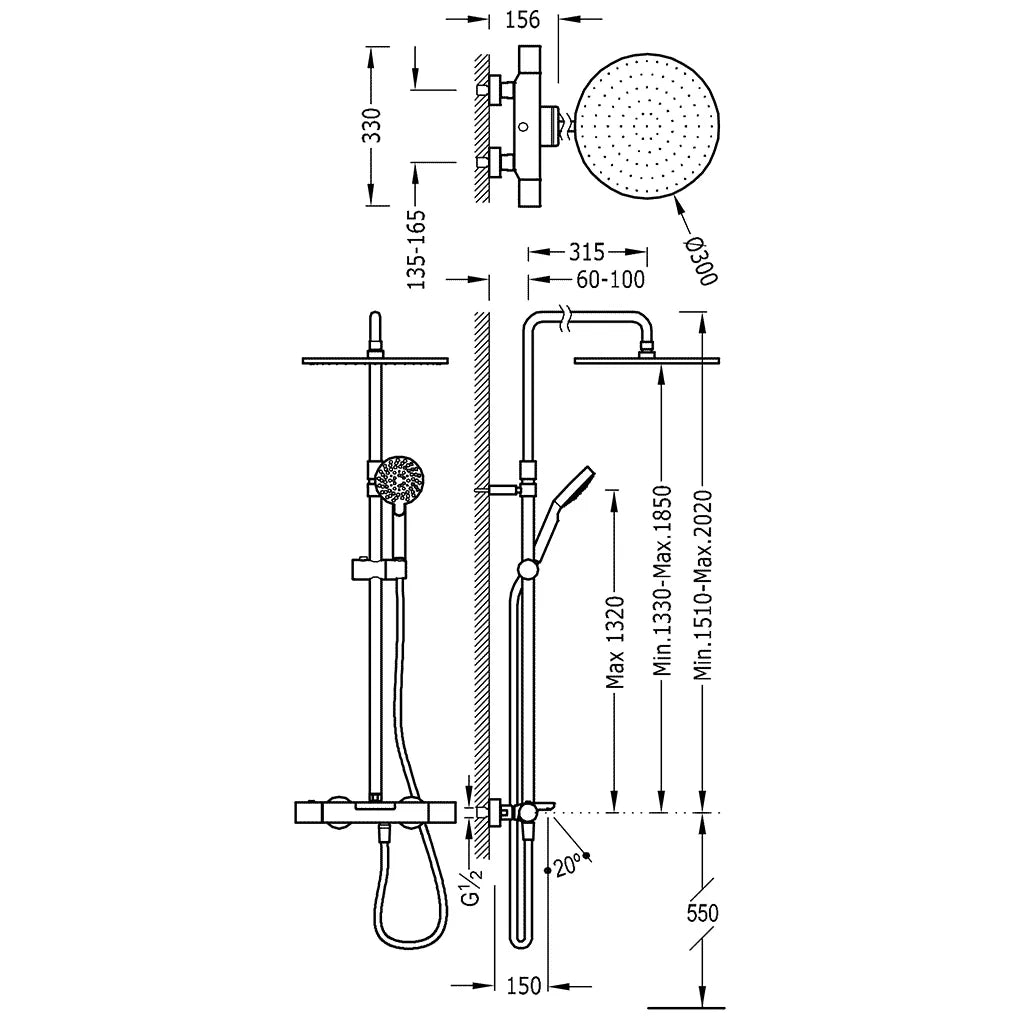Columna de ducha con monomando empotrable fabricada en latón con acabado en acero Clasic TRES 1