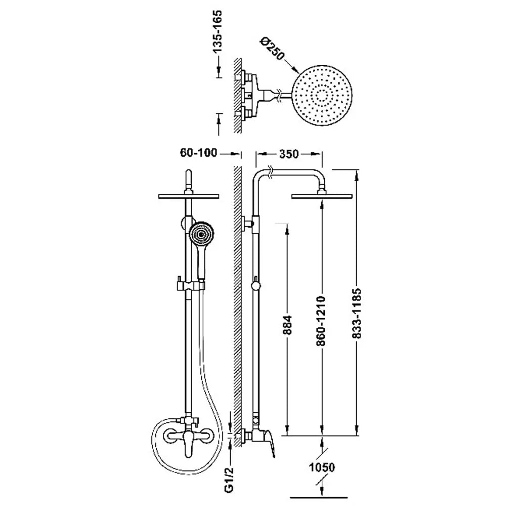 Columna de ducha kit de grifo monomando mural de 2 vías en plástico ABS y metal acabado cromado BASE PLUS TRES 1