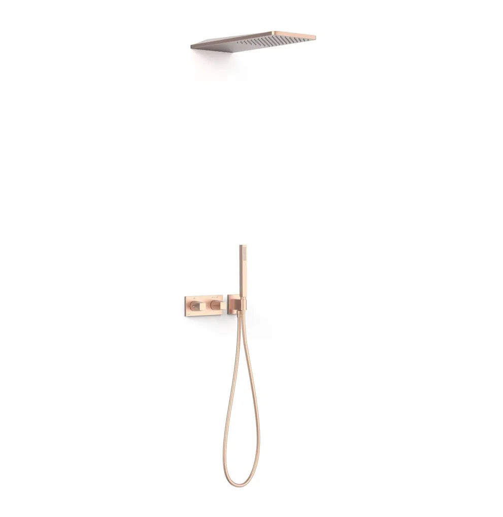Columna de ducha termostática con grifería y ducha de volante rectangular acabado oro rosa mate B-SYSTEM TRES 0
