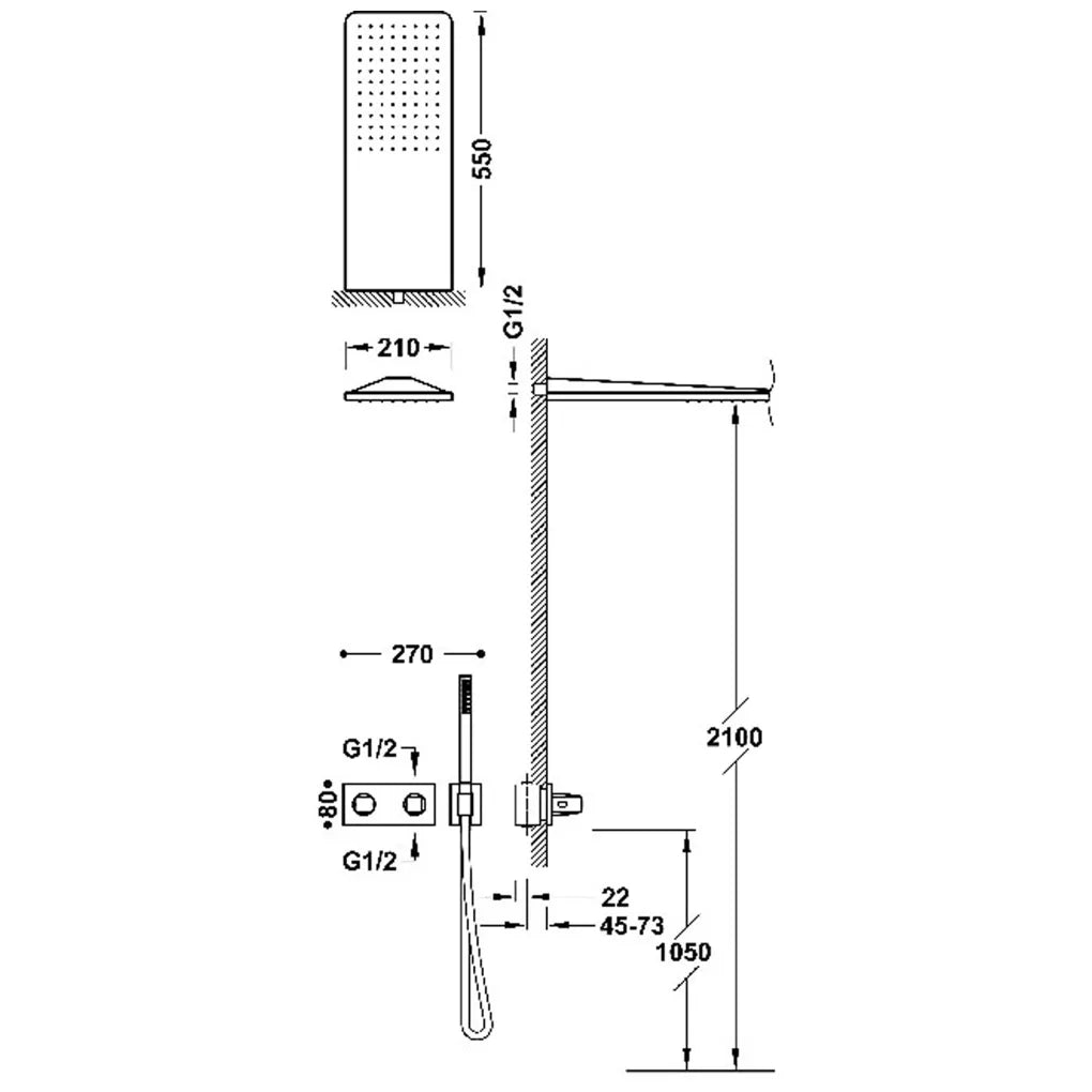 Columna de ducha termostática con grifería y ducha de volante rectangular acabado oro rosa mate B-SYSTEM TRES 1