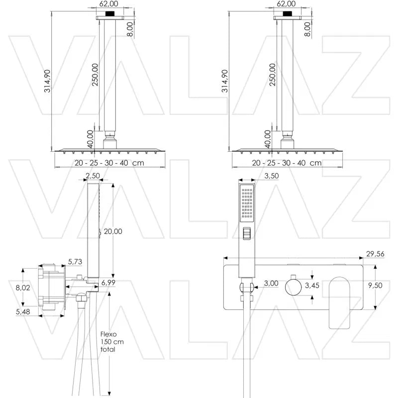 Single Lever Ceiling Shower Set Square Frame Brushed Gold Finish Miño by Valaz