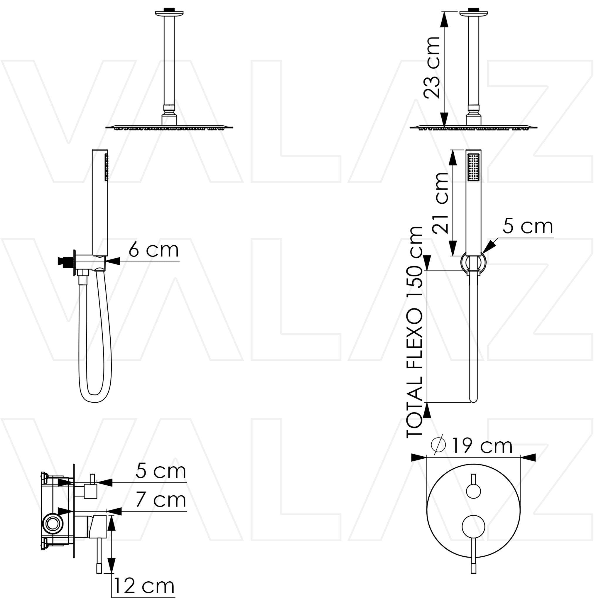 Ducha empotrada rociador 20 cm lluvia alcachofa de mano flexo 150 cm acabado negro mate Ofin de Valaz 2