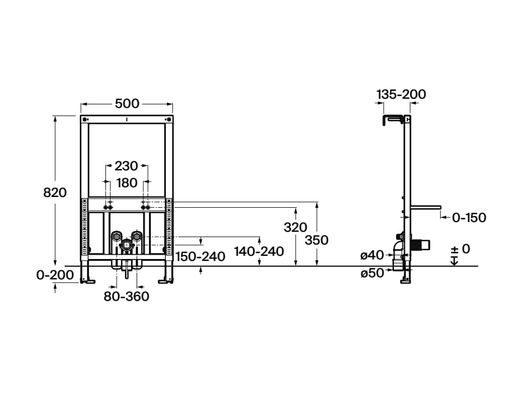 Esquema de cotas y medidas bastidor Duplo S Bidet Roca A8900F1201