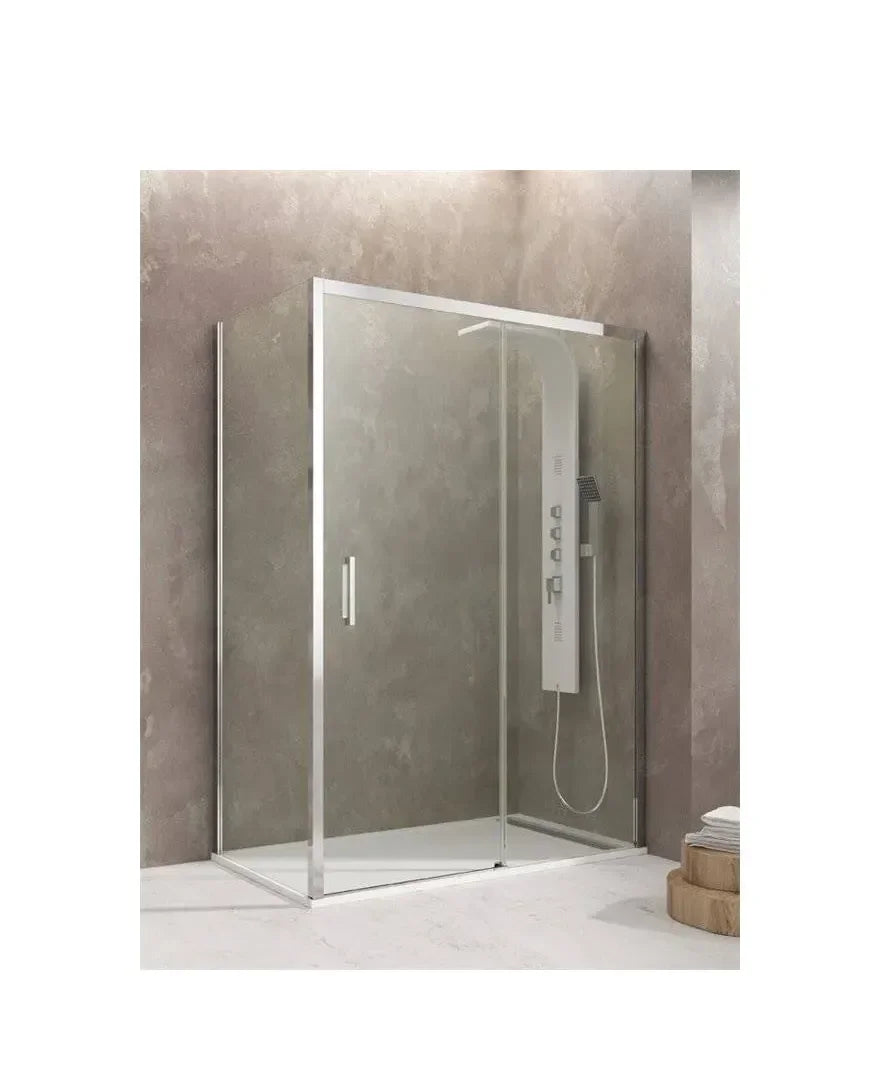 GME AKTUAL Paroi angulaire avec une porte coulissante en verre trempé de sécurité de 6 mm