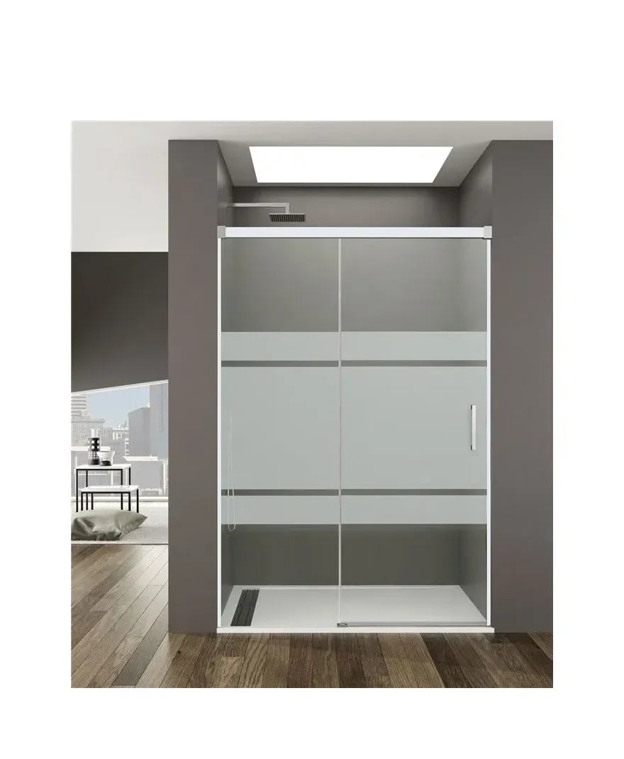 GME BASIC BLANCO Paroi frontale avec un verre fixe et une porte coulissante décorée