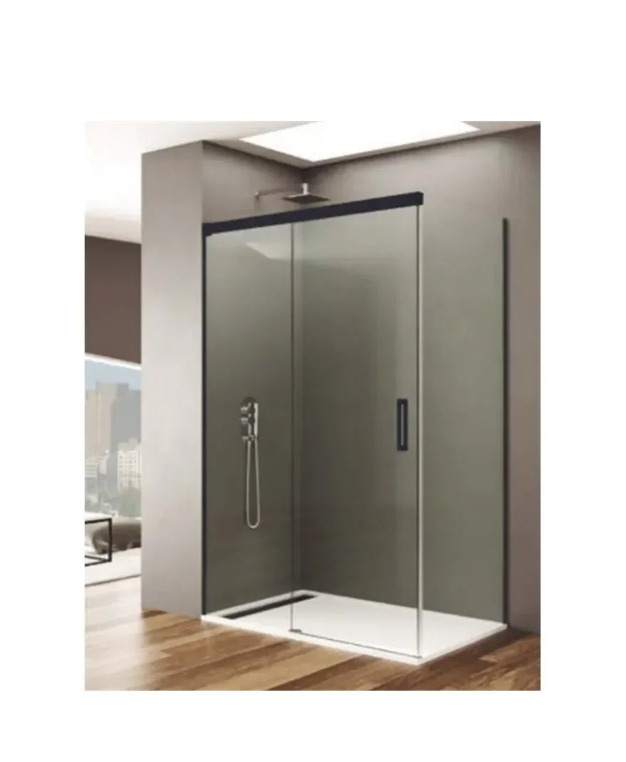 GME Basic Mampara d'angle de douche avec 2 panneaux fixes et 1 porte coulissante avec profilé noir mat