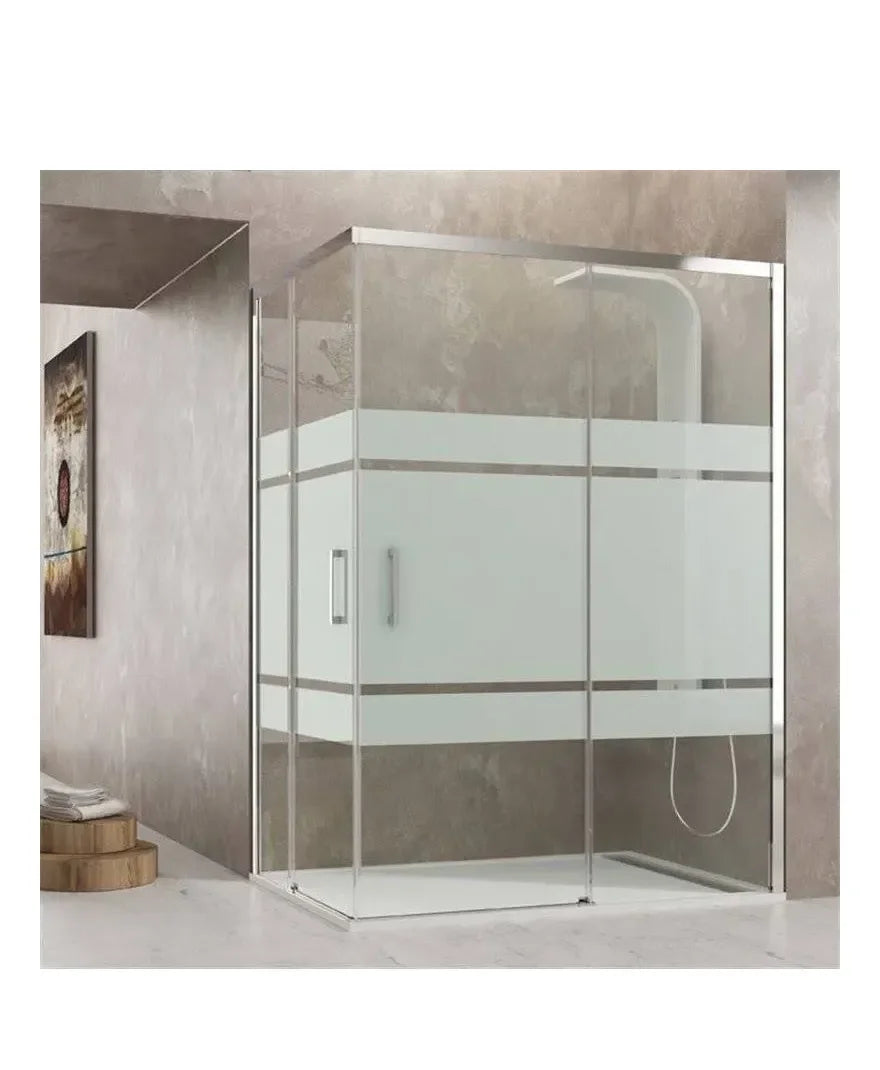 GME AKTUAL Paroi angulaire de 4 panneaux composée de 2 coulissants et 2 fixes sérigraphiés