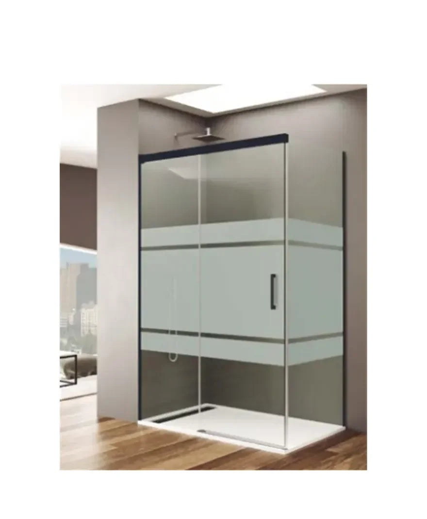 GME Basic Cabine de douche angulaire avec 2 panneaux fixes et 1 porte coulissante, sérigraphie Frost Plus et profilé noir mat