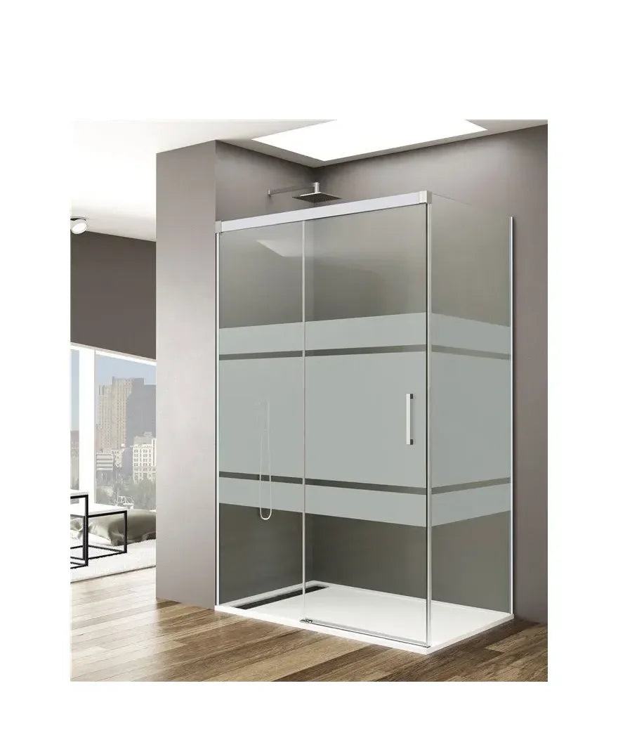 GME BASIC BLANCO Mampara de douche de type angulaire avec 1 panneau fixe et 1 porte coulissante sérigraphiée