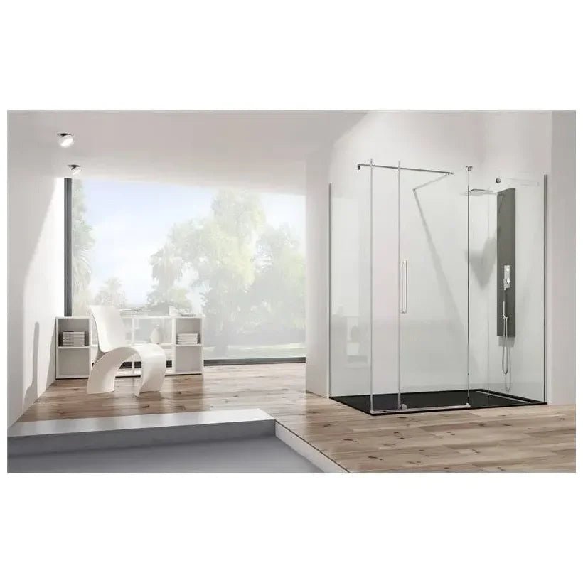 Mampara angular para ducha con hoja corredera fabricada en vidrio templado de seguridad VETRUM de GME