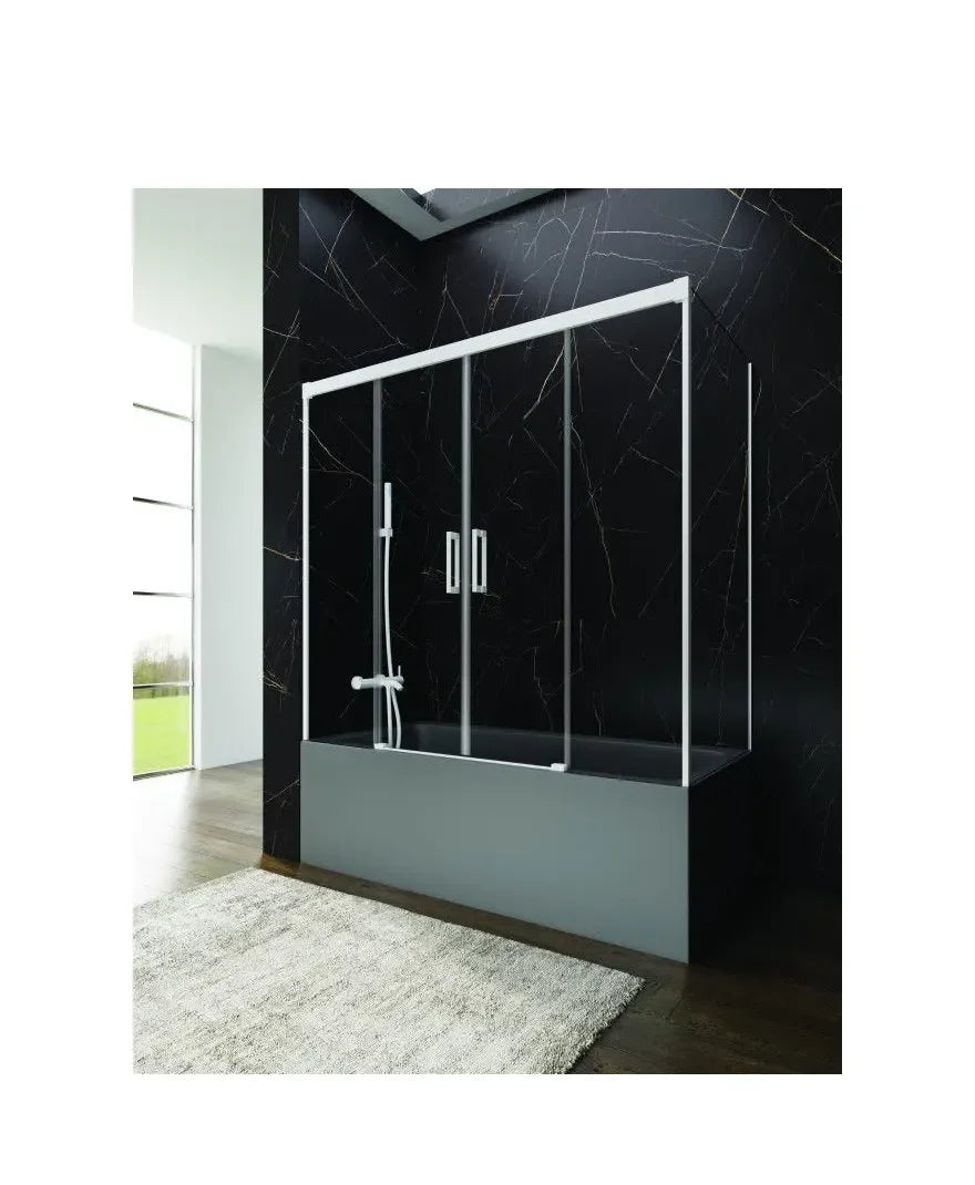 GME Basic Spazio Cabine de baignoire angulaire avec trois panneaux fixes et deux portes coulissantes transparentes avec profils blancs