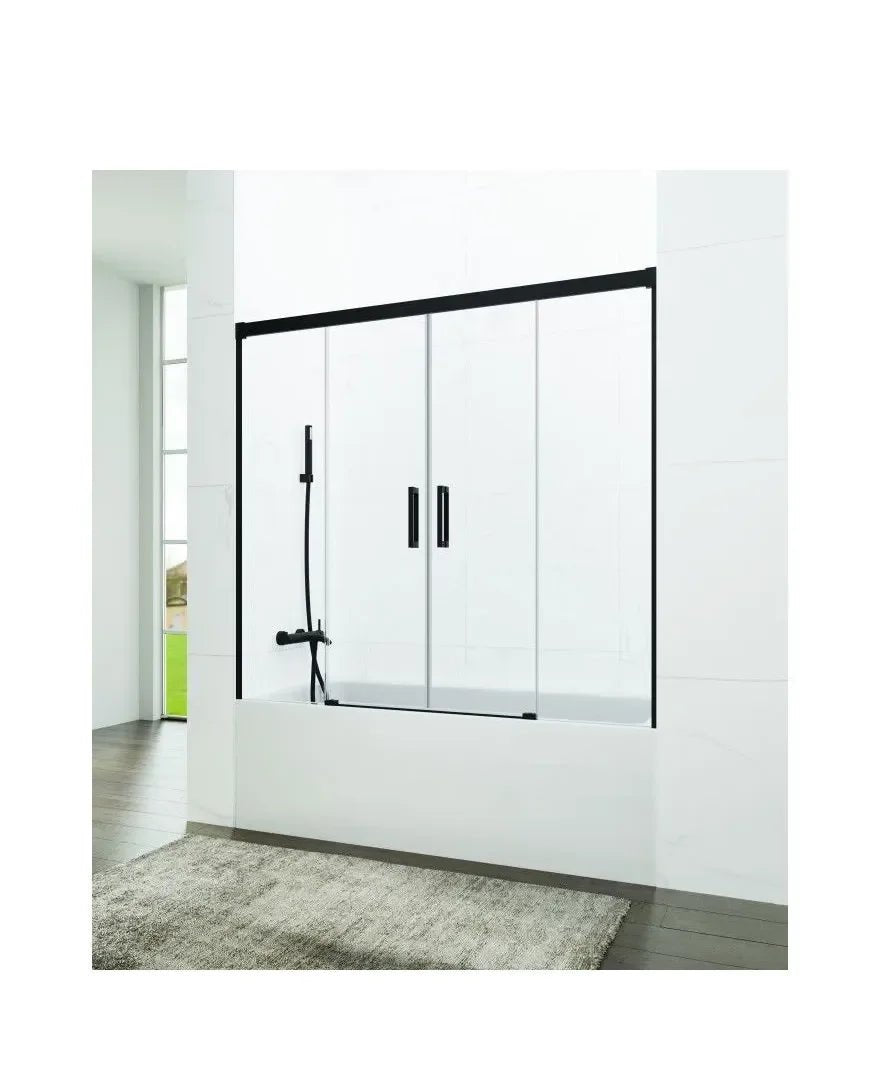 GME Basic Spazio Paroi de baignoire frontale avec 2 portes coulissantes et 2 panneaux fixes transparents avec des profils noirs
