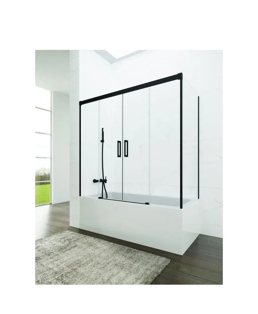 GME Basic Spazio Mampara pour baignoire angulaire avec trois panneaux fixes et deux panneaux coulissants transparents avec profils noirs