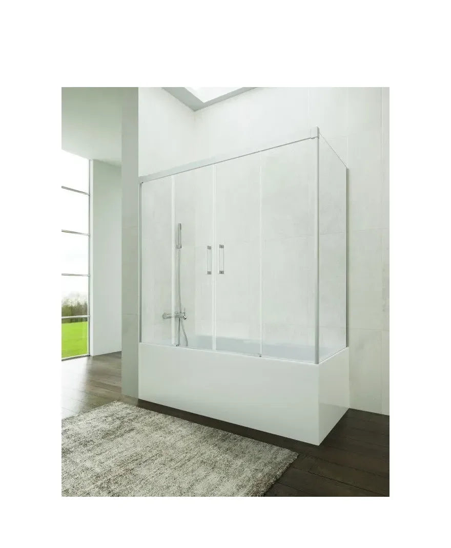 GME Basic Spazio Paroi de baignoire angulaire avec trois panneaux fixes et deux panneaux coulissants transparents avec profils chromés