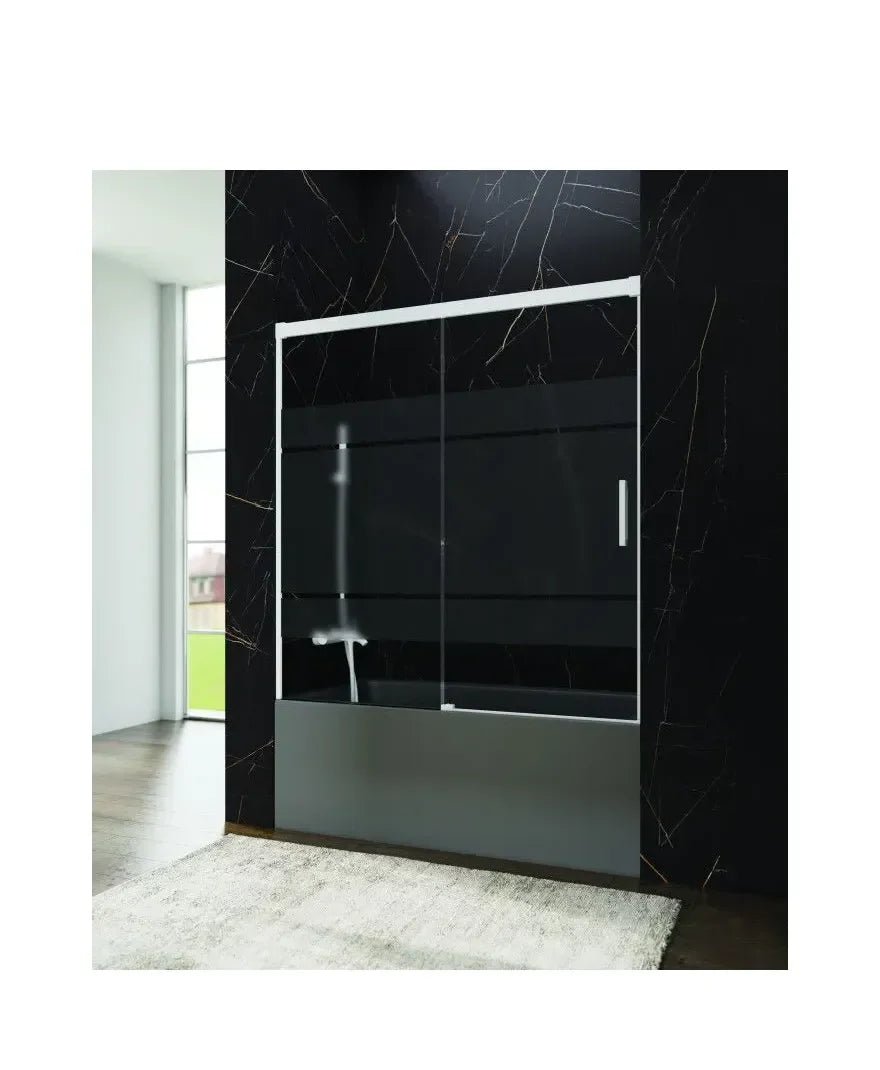 GME Basic Mampara de baignoire frontale avec une feuille fixe et une porte coulissante en verre Frost Plus avec des profils blancs