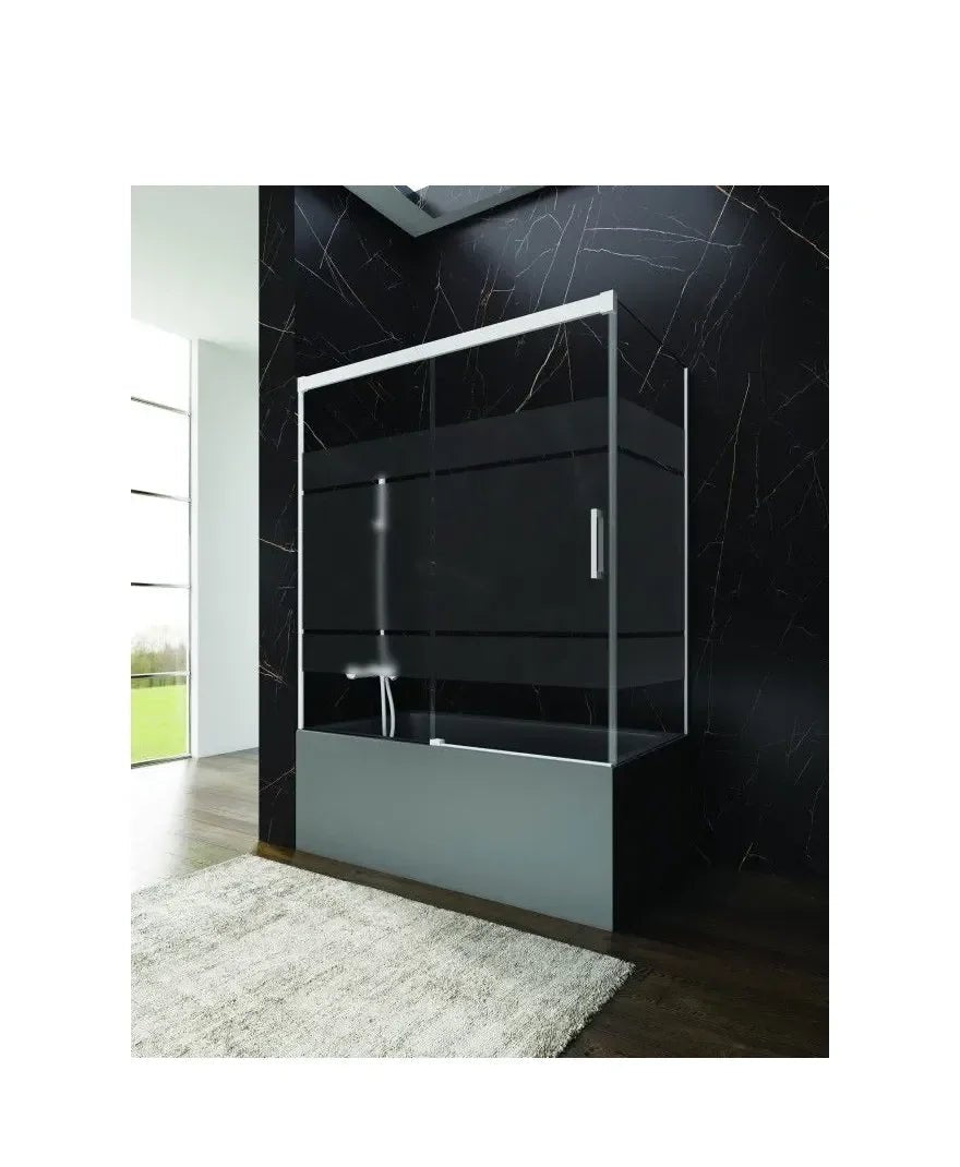 GME Basic Paroi de baignoire angulaire à trois feuilles en verre décoré Frost Plus avec profilés blancs