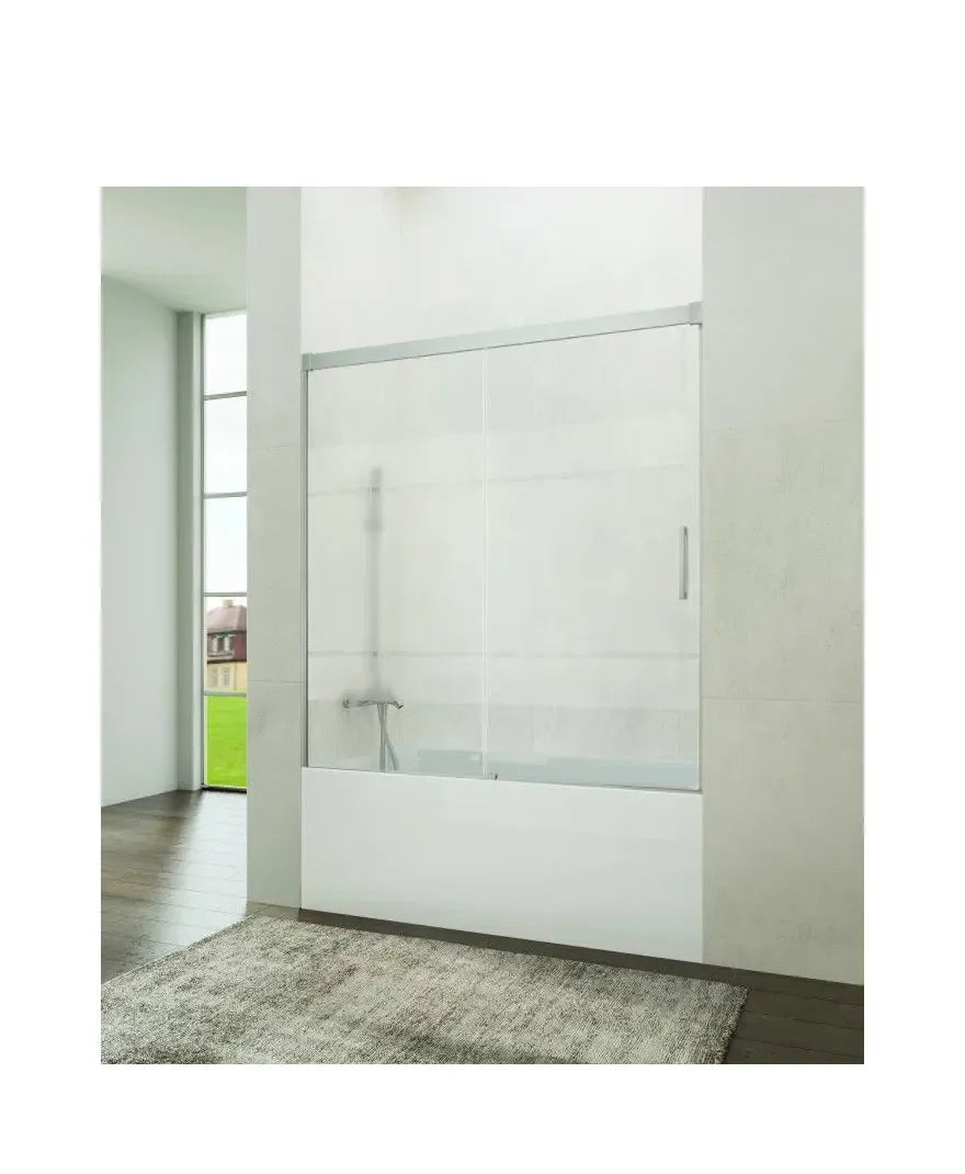 GME Basic Paroi de baignoire frontale avec une vitre fixe et une porte coulissante en verre Frost Plus avec profils chromés