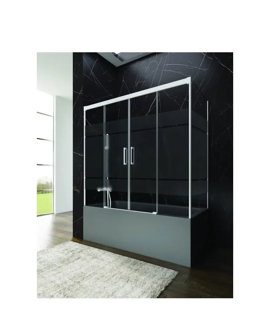 GME Basic Spazio Paroi de baignoire angulaire avec trois panneaux fixes et deux portes coulissantes Frost Plus avec profils blancs