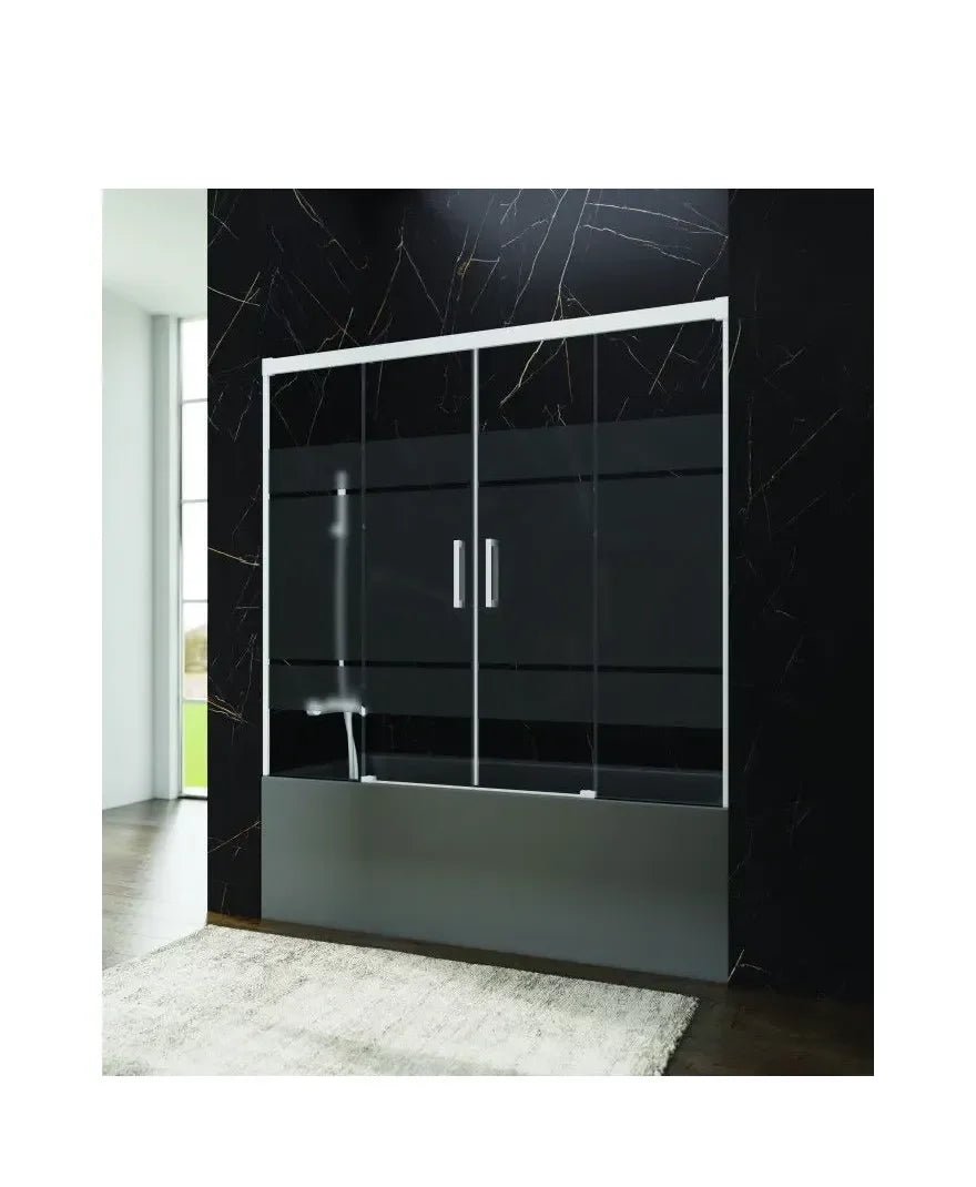 Mampara para bañera frontal con 2 puertas correderas y 2 hojas fijas Frost Plus con perfiles blancos Basic de GME