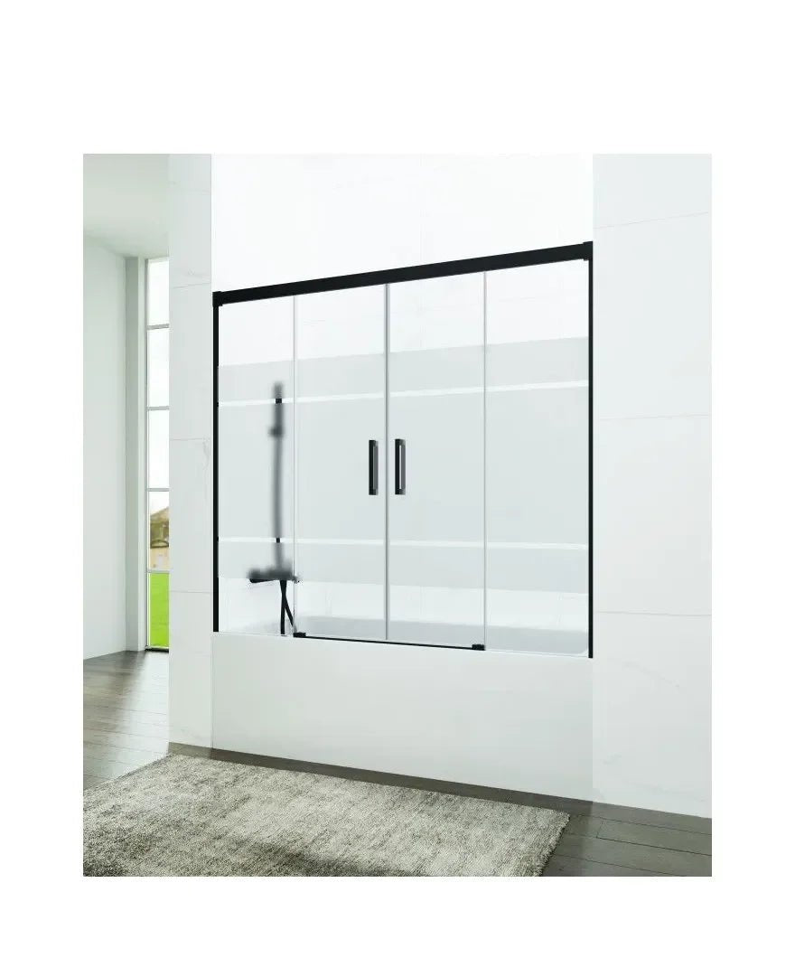 Mampara para bañera frontal con 2 puertas correderas y 2 hojas fijas Frost Plus con perfiles negros Basic Spazio de GME